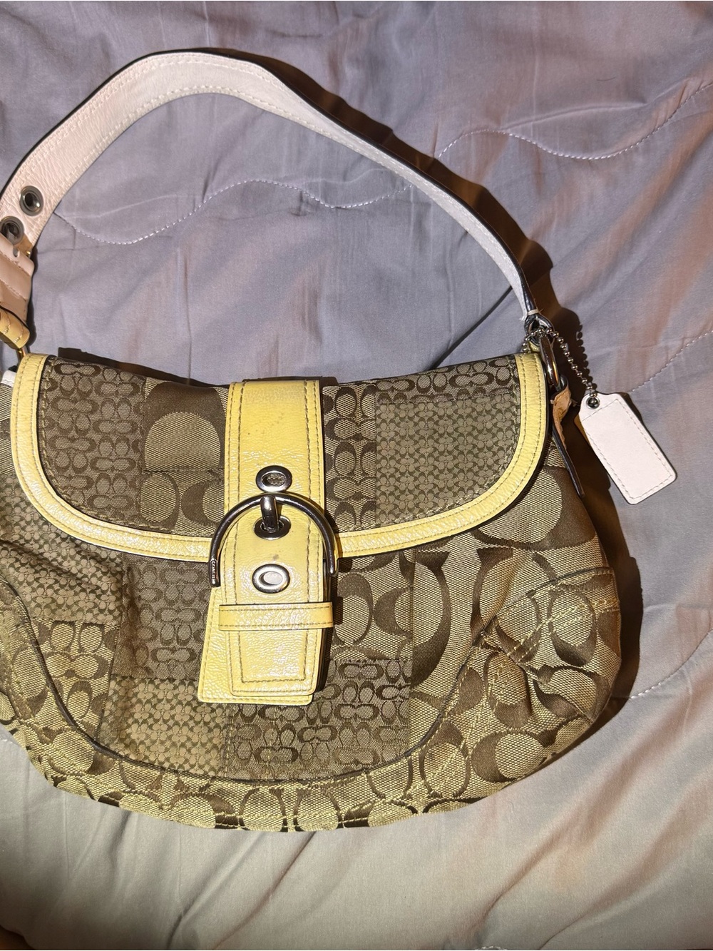 Coach Brown Signature Saddle Bag with Yellow Trim and White Strap